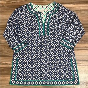Gretchen Scott Designs Green Blue White Pattern Cotton Tunic Cover Up Women M